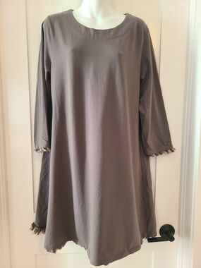 Spartina 449 Taupe Long-Sleeve Swing Dress with Fringe Trim